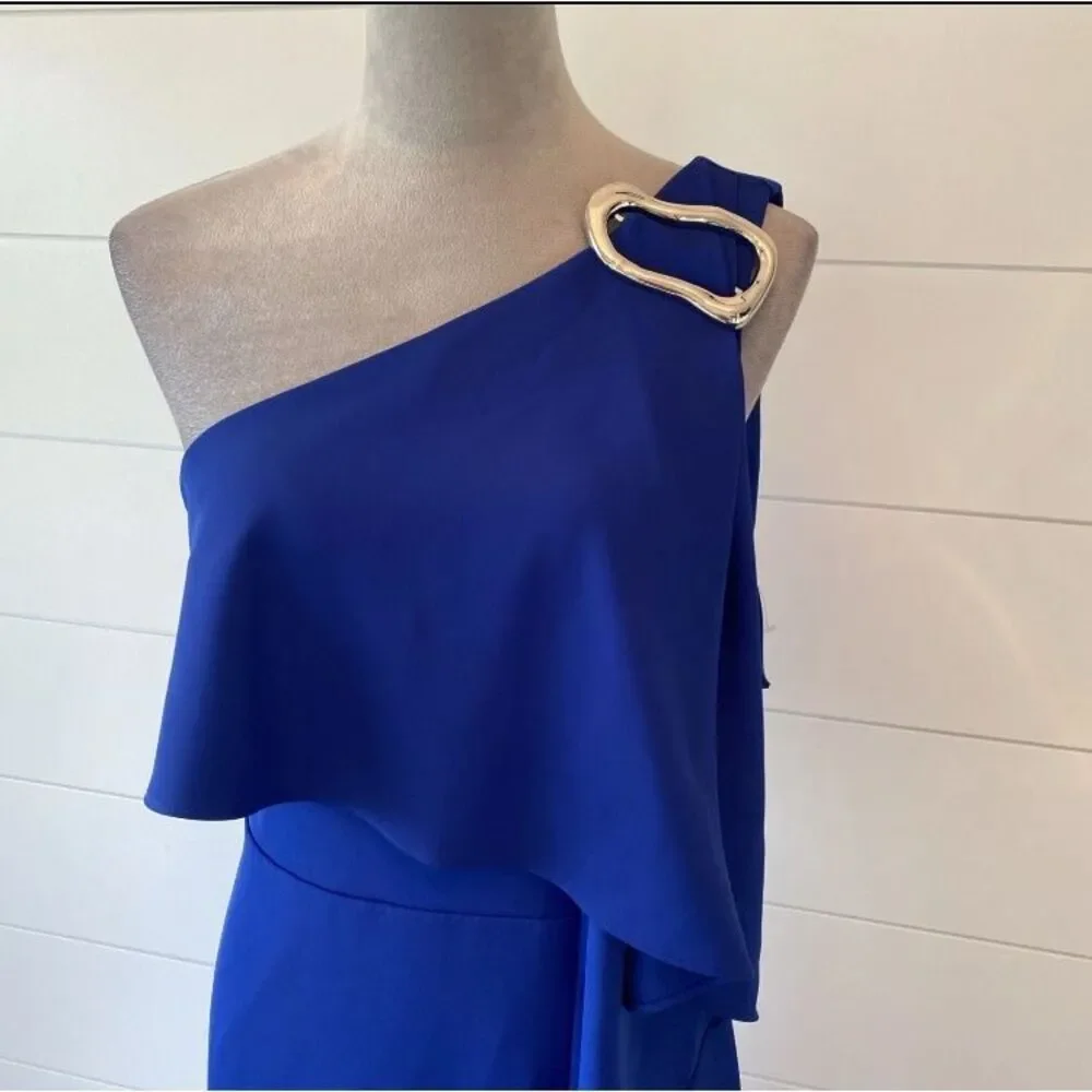 Halston Prussian Blue Joelle One-Shoulder Fluid Crepe Gown Size 2 NWT